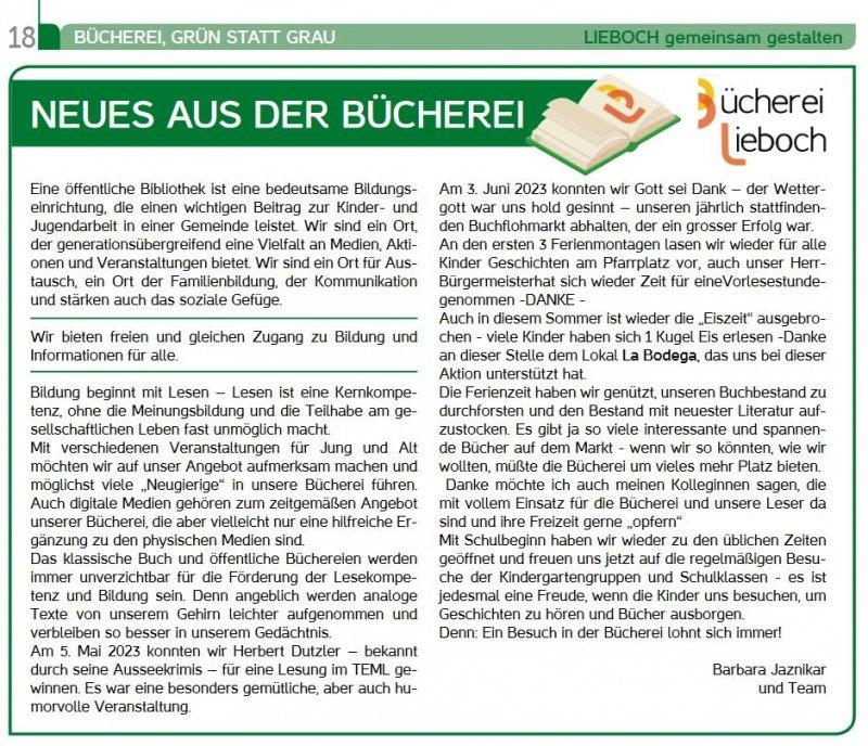 Bericht - Neues aus der Bücherei Lieboch September 2023